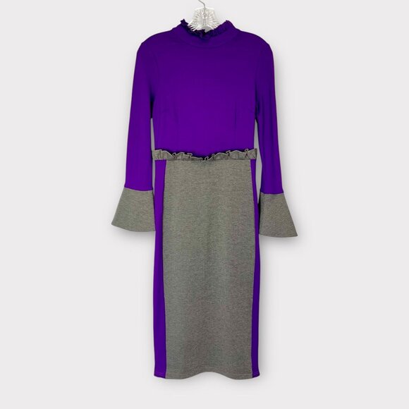 Metisu Womens Colorblock Bell Sleeve Midi Dress Purple Gray Ruffle Detail size M - Picture 1 of 13